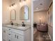The bathroom has a double vanity with granite countertop and black faucets and an open doorway to the bedroom at 3121 Suffolk Dr, Shelby, NC 28152