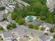 Aerial view of a neighborhood pool with blue umbrellas and lush greenery at 4607 Bonroi Ave, Charlotte, NC 28213