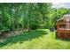 Green backyard featuring mature trees, lush grass, deck, patio, screened in porch, and verdant lawn at 511 Pembroke Ln, Waxhaw, NC 28173