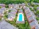 Aerial view of a residential community with a pool and well-maintained landscaping among townhomes at 6133 Wakehurst Rd, Charlotte, NC 28226