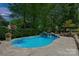 Sparkling swimming pool featuring a scenic rock waterfall and lush, mature landscaping at 205 Commodore Ct, Belmont, NC 28012
