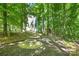 Secluded backyard features a stone fire pit, surrounded by mature trees and lush greenery at 2417 Labelle Dr, Waxhaw, NC 28173