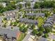 Aerial view of townhomes nestled amongst trees, with manicured lawns, showcasing a community at 3245 Major Samuals Way, Charlotte, NC 28208