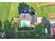 Aerial view showcasing the home's backyard with a fenced in pool, lush lawn, and surrounding greenery at 3300 Paul Heavner Ln, Lincolnton, NC 28092