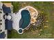 Aerial shot showcasing a custom pool with waterfall feature, spa, and beautifully landscaped backyard at 5051 Hyannis Ct, Matthews, NC 28104