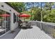 Outdoor deck area with a table and chairs, with red umbrella providing some shade at 8044 Eagle St, Mount Pleasant, NC 28124