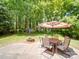 Scenic backyard with a dining set, fire pit, storage shed, and lush greenery, creating a tranquil outdoor retreat at 8623 Cedar Hollow Ln, Huntersville, NC 28078