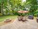 Lush backyard with a patio featuring a dining table, grill, and fire pit, offering ample space for outdoor enjoyment at 8623 Cedar Hollow Ln, Huntersville, NC 28078