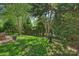 Green grass and small trees in the backyard near a brick patio with chairs at 1405 Ridge Haven Rd, Waxhaw, NC 28173