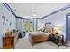 Cozy blue bedroom with built-in bay window seat, football decor and neutral toned furnishings at 2200 Hastings Dr, Charlotte, NC 28207