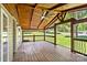 Covered back patio featuring wood ceiling, decorative railing, and ceiling fan overlooking yard at 2942 Denwood Dr, Claremont, NC 28610