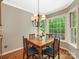 A cozy dining area with a square table and a chandelier boasts views of nature at 5935 Winburn Ln, Charlotte, NC 28226