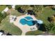 Aerial view showcasing a backyard pool, patio, lush landscaping, and a private retreat for relaxation at 7018 Huntsmaster Dr, Charlotte, NC 28277