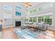 Bright living room features fireplace, high ceilings, large windows, and hardwood floors at 1009 Anduin Falls Dr, Charlotte, NC 28269