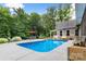 Sparkling backyard pool surrounded by lush greenery and comfortable lounge seating at 206 Oxford Place Dr, Fort Mill, SC 29715