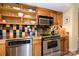 A fully equipped kitchen features stainless steel appliances, colorful backsplash, and custom cabinetry at 217 W 8Th St, Charlotte, NC 28202