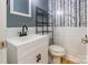 Charming powder room with modern vanity, decorative wallpaper and contemporary fixtures at 2202 Chickasaw Loop, Rock Hill, SC 29732