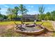 Relaxing backyard featuring a stone fire pit area with chairs on a sunny day at 303 Caroline Ave, Lowell, NC 28098