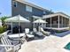 Backyard patio features lounge seating with umbrellas perfect for relaxing next to the pool at 3057 Drummond Ave, Indian Land, SC 29707