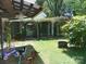 The backyard features a covered patio, green grass, dogs, and toys at 6000 S Main St, Salisbury, NC 28147