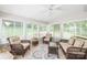 Bright sunroom with lots of windows, a ceiling fan, and a beautiful colorful rug at 6617 Wannamaker Ln, Charlotte, NC 28226