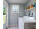 Practical laundry room with white washer/dryer, shelving, and access to the outside at 709 Myrtle Dr, Rock Hill, SC 29730