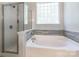 Bright bathroom features a separate shower and soaking tub with a mosaic tile accent wall at 749 Petersburg Dr, Fort Mill, SC 29708