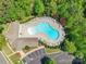 Overhead view of the community pool with trees and seating, adjoined by the clubhouse at 749 Petersburg Dr, Fort Mill, SC 29708