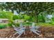 Enjoy shady relaxation beneath a mature Magnolia in the backyard's Adirondack seating area at 8330 Fallsdale Dr, Charlotte, NC 28214