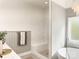 Stylish bathroom featuring white tiling, soaker tub and a glass shower at 1123 Fern Hill Rd, Mooresville, NC 28117