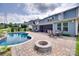 Landscaped backyard with pool, brick patio, fire pit, and outdoor seating and dining at 1446 Cilantro Ct, Tega Cay, SC 29708