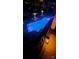 Night view of a pool lit with blue lights, palm trees, and exterior building features at 17810 Half Moon Ln # L, Cornelius, NC 28031