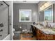 Bathroom featuring a vanity with granite countertops and a shower/tub combo at 189 Billy Jo Rd, Mooresville, NC 28117