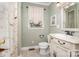 Bathroom with vanity, toilet and attractive shower curtain at 204 Myers St, Fort Mill, SC 29715