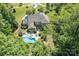 Beautiful aerial view of the backyard, with mature trees and an in-ground pool at 2153 Darian Way, Waxhaw, NC 28173