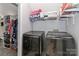 Well-organized laundry room with modern washer and dryer and shelving space for storage at 512 Saint Cloud Dr, Statesville, NC 28625