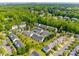 An aerial view of the townhome community surrounded by lush trees and city skyline in the distance at 542 Goldstaff Ln, Charlotte, NC 28273