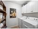 Functional laundry room featuring a washer, dryer, shelving, and ample storage at 742 Lansdowne Rd, Charlotte, NC 28270