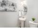 Cozy powder room features modern fixtures, an oval mirror, and decorative artwork at 10528 Audubon Ridge Dr, Cornelius, NC 28031