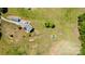 Top down aerial view of sprawling farm with multiple buildings and horses grazing in the pasture at 5047 Victory Trl, Gastonia, NC 28056