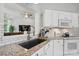 Modern kitchen featuring granite countertops, white subway tile backsplash, and stainless steel sink at 7417 Chidley Dr, Charlotte, NC 28269
