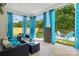 Cozy covered patio with comfortable seating, complemented by elegant blue curtains for added privacy at 8726 Castle Cliff Dr, Matthews, NC 28105