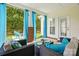 Stylish covered patio offers cozy seating, accentuated by blue curtains and views of the manicured backyard at 8726 Castle Cliff Dr, Matthews, NC 28105