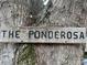 Close-up of a wooden sign reading 'The Ponderosa' attached to a tree at 14131 Lucia Riverbend Hwy, Mount Holly, NC 28120