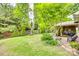 Spacious backyard featuring a stone fire pit, covered patio, lush lawn and manicured landscaping at 349 Miners Cove Way, Fort Mill, SC 29708