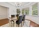 Charming dining room featuring a modern chandelier, natural light, and sleek chairs, creating a warm, inviting ambiance at 1000 Millbank Dr, Matthews, NC 28104