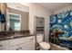Bathroom featuring a granite countertop, white cabinetry, and stylish shower curtain at 10707 Charmont Pl, Huntersville, NC 28078
