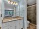 Bathroom featuring granite countertops, white cabinets and glass shower at 182 Freedom Mill Rd, Gastonia, NC 28052