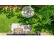 Aerial shot of a backyard featuring a round patio with a firepit and chairs, as well as a dining and seating area at 323 Richmond Rd, Salisbury, NC 28144