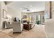 Cozy living room with a fireplace, comfortable seating, and a ceiling fan at 5722 Kirkwynd Commons Dr, Charlotte, NC 28278